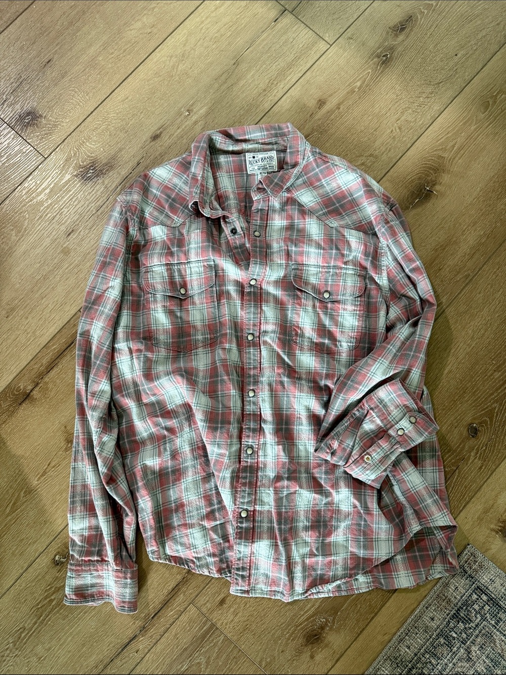 Lucky Brand Men's Red and White Plaid Button-Down Shirt